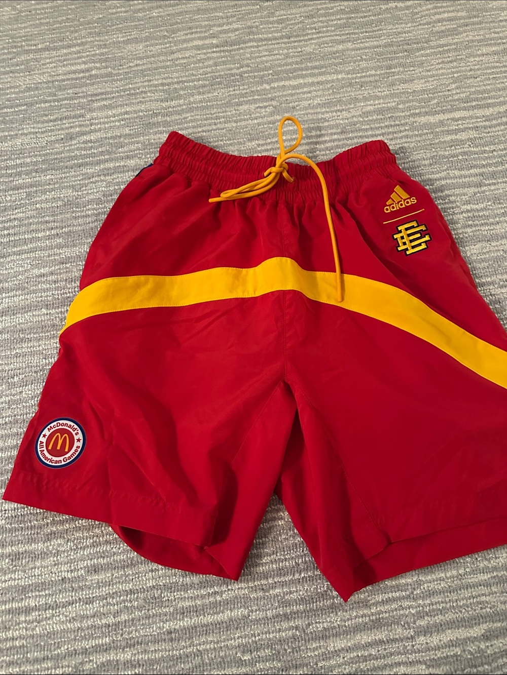 Eric Emanuel/ adidas collab Red nylon Athletic Shorts with Yellow Stripe